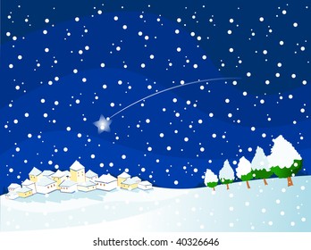 Vector illustration that depicts a snowy landscape at night. A comet flows through the dark sky.
