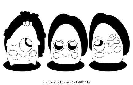 A vector illustration that depicts three little cute monsters with disabilities. Two of them have no eyes. Behind the monsters in the shadows are loving parents