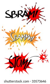 Vector illustration that depicts three onomatopoeic sounds with their written and visual effects