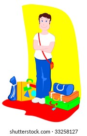 Vector illustration that depicts a young tourist smiling next to her suitcases