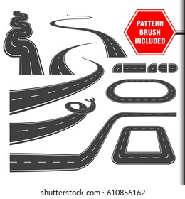 Vector illustration that include highway border or asphalt pattern brush and ready for use curves, perspectives, turns, twists, loops, elements, road with white markings, isolated on white.