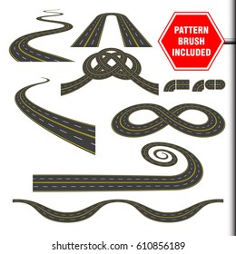 Vector illustration that include highway border or asphalt pattern brush and ready for use curves, perspectives, turns, twists, loops, elements, road with yellow and white markings, isolated on white.