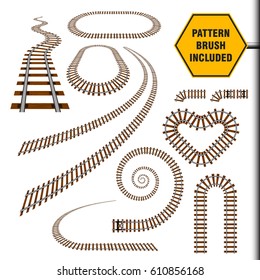 Vector illustration that include old railway border or railroad pattern brush and ready for use curves, perspectives, turns, twists, loops, elements, all rail transport path motives isolated on white.