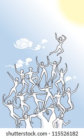 Vector illustration that represents the positive of teamwork to achieve goals. A group of people supported to build a human tower for reach the top and the professional  or spiritual success.