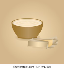 Vector Illustration that shows the ingredients for making bakery products. Can be used for recipes, cooking sites, online stores. Sour cream in a bowl and butter in brown, yellow and beige colors