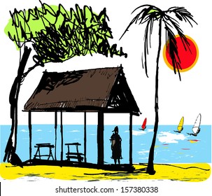 Vector illustration of thatched hut shelter and palm tree, New Caledonia