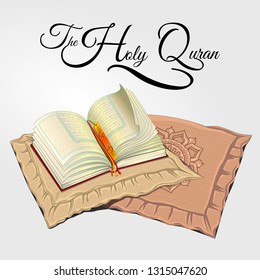 Vector illustration of 'The Holy Quran' on a pile of brown and cream pillows