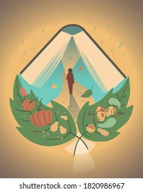Vector illustration "The way into Autumn": with generous autumn harvest, under a book that covers us from rain, along the path deep into dark late autumn..