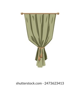 Vector illustration of a theater curtain in green color on an isolated background. Luxurious curtain with drapery on the cornice, tied with fringed braid. Theater stage interior design in flat style.