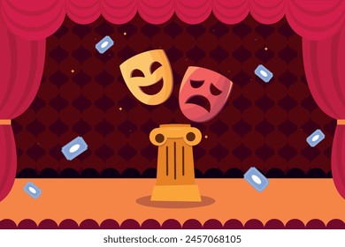 Vector illustration of a theater symbol - theater masks. Cartoon scene of beautiful theatrical masks: comic and tragic, decorative red curtain, hall with audience seats, tickets, floor, Greek column.