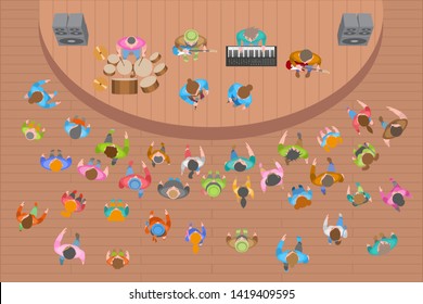 Vector illustration. Theatre hall with spectators. (top view)
Band performs on stage, music concert. (view from above)