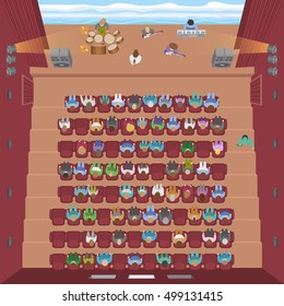 Vector illustration. Theatre hall with spectators. (top view)
Band performs on stage, music concert. (view from above)