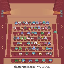 Vector Illustration. Theatre Hall With Spectators. (top View)
Empty Stage And Red Curtain. (view From Above)