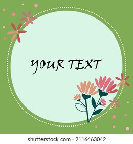  Vector illustration in theme of flower frame. Hand drawn template suitable for greeting cards. Stylish flowers on green background.