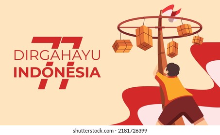 vector illustration with the theme of Indonesian independence and the fighting spirit of the revolution, the red and white flag, people climbing areca nut,  lomba panjat pinang, dirgahayu indonesia, 