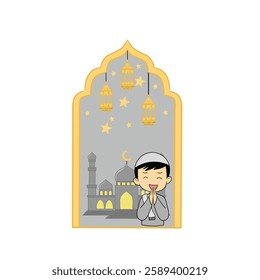 vector illustration with the theme of the month of Ramadan, a boy dressed in Muslim clothes with a mosque background and decorated with lanterns and stars
