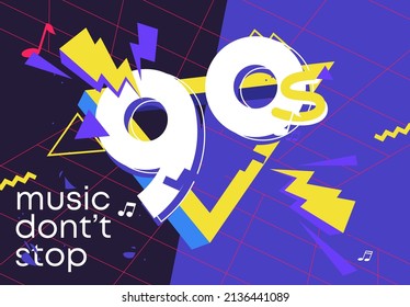 Vector illustration of a theme party return to 90, figure 90 with an active geometric background