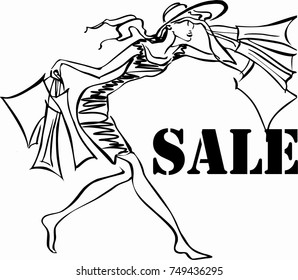 Vector Illustration. Theme shopping discounts sale.She hurries to have time to buy product at a discount!