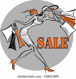 Vector Illustration. Theme shopping discounts sale.She hurries to have time to buy product at a discount!