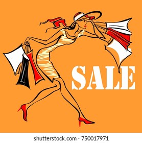 Vector Illustration. Theme shopping discounts sale.She hurries to have time to buy product at a discount!
