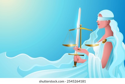 Ilustración vectorial de Temis, la diosa griega de la justicia, sosteniendo una espada y una balanza