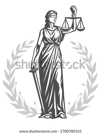 Vector illustration of Themis, Lady Justice,
 the classical goddess of fairness and law,
 in a black and white silhouette style.
