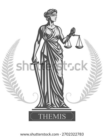 Vector illustration of Themis, Lady Justice Femida,
 the classical goddess of fairness and law,
 in a black and white silhouette style
