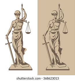 Vector illustration of Themis statue holding scales balance and sword isolated on white background and silhouette on colored background. Symbol of justice, law and order