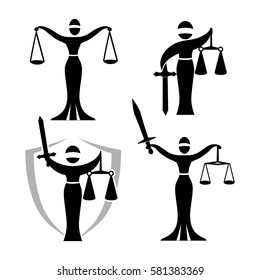 Vector illustration of Themis statue holding scales balance and sword isolated on white background. Symbol of justice, law and order.