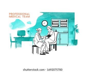 Vector Illustration Of Therapist Woman Measures The Pressure Of An Elderly Woman In A Medical Office. Sketch And Watercolor Illustration