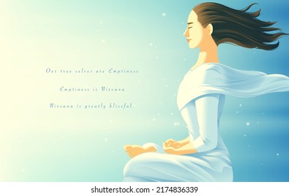 Vector illustration in Theravada Buddhism of a female layperson in practitioner suit practicing meditation in sitting pose to sweep away passions and has found out the peace in her mind