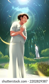 Vector illustration in Theravada Buddhism of a female practitioner is practicing walking meditation and gets overwhelmed with tears caused by enlightenment in Anagami