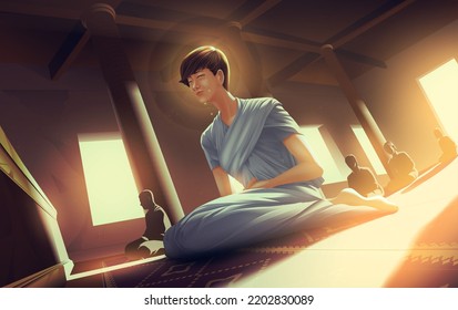 Vector illustration in Theravada Buddhism of a female practitioner is attending a group meditation at the temple and she gets overwhelmed with tears caused by enlightenment in Sotapanna