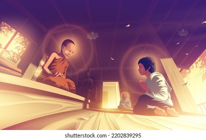 Ilustración vectorial en el Budismo Theravada de un sagrado novato está predicando dharma con una monja sagrada en un salón de sermón.