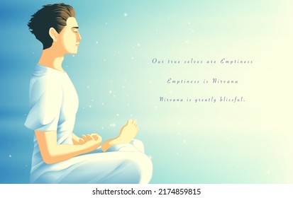 Vector illustration in Theravada Buddhism of a male layperson in practitioner suit practicing meditation in sitting pose to sweep away passions and has found out the peace in her mind