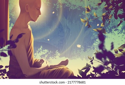 Vector Illustration In Theravada Buddhism Of A Male Monk Is Seeing The Noble Truths Of The Universe In His Meditation