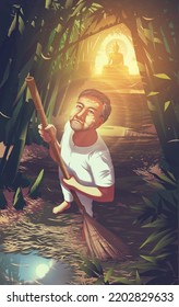 Vector illustration in Theravada Buddhism of a male practitioner is sweeping leaves at the path for meditation and feeling overwhelmed with tears caused by got enlightenment to be an arahant