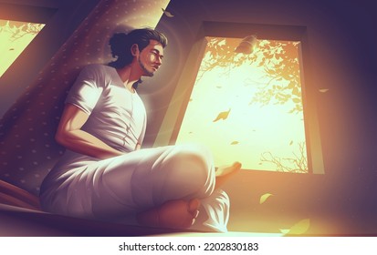 Vector illustration in Theravada Buddhism of a male practitioner is attending a group meditation at the temple and she gets overwhelmed with tears caused by enlightenment in Sotapanna