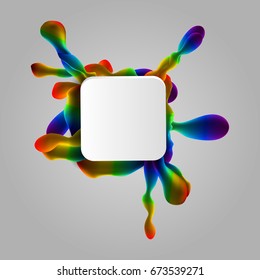 vector illustration. There is empty frame square forms with moving color paint 3d drops and splash. Isolated. Can be used as background on your text for web, fly er, banner or poster element. Print. 