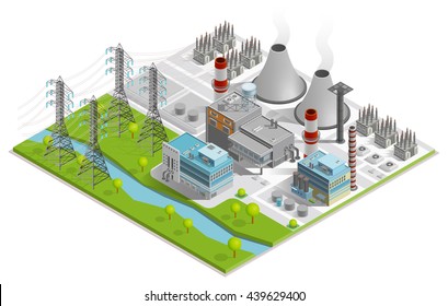 Vector illustration of thermal power station  for production of electrical energy with chimneys industrial buildings and power line supports isometric concept 