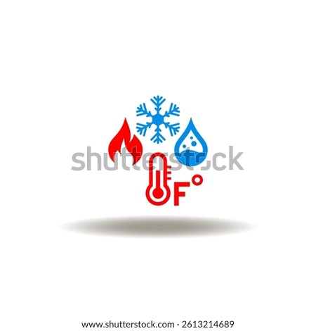 Vector illustration of thermometer degrees fahrenheit fire flame drop water snowflake. Symbol of HVAC or Heating Ventilation Air Conditioning. Icon of air quality automation control modern technology.