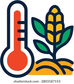 Vector illustration of a thermometer showing high heat next to a corn plant, representing climate change impact on agriculture.