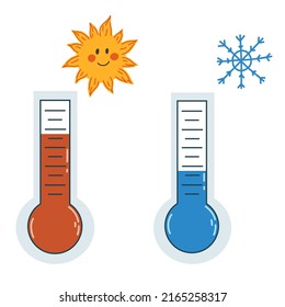 Vector illustration with thermometers in flat style isolated on white. Hot and cold weather icons, summer heat, global warming, heat wave, frosts, temperature drops