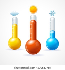 Vector illustration thermometr icon set. The concept of hot, cold and sunny weather