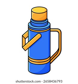 vector illustration of a thermos flask with a handle on a white background. Suitable for content about travel, camping, hot drinks, hiking, or food accessories.