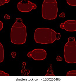 Vector illustration thermos with mug seamless pattern. Hand drawn.