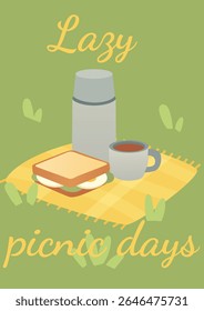 Vector Illustration with Thermos, Sandwich and “Lazy Picnic Days” Quote on Green Background
