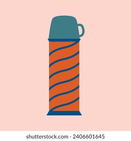 Ilustración vectorial de termos. Mugre termo reutilizable, botella de agua, bebidas. Equipamiento para cocina, picnic, viajes, vacaciones. Dibujo de dibujos animados minimalistas. Pegatina de estilo plano.
