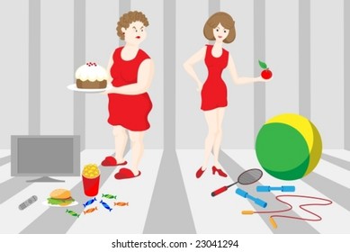 Vector illustration. These women have different hobbies. Who has more useful hobby?