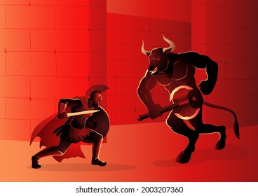 Vector illustration of Theseus vs Minotaur, Greek mythology series